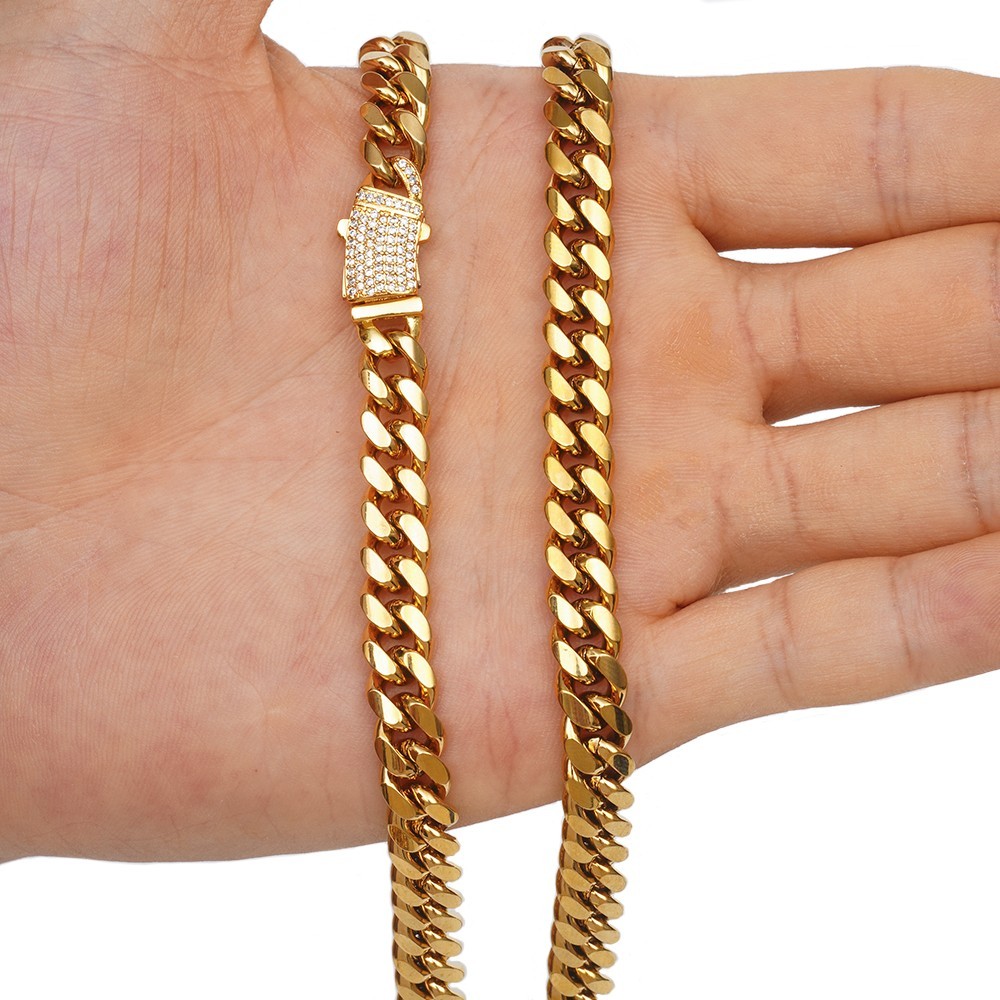 8mm Gold Stainless Steel Curb Cuban Link Chain Necklace with Bling CZ Clasp 60cm