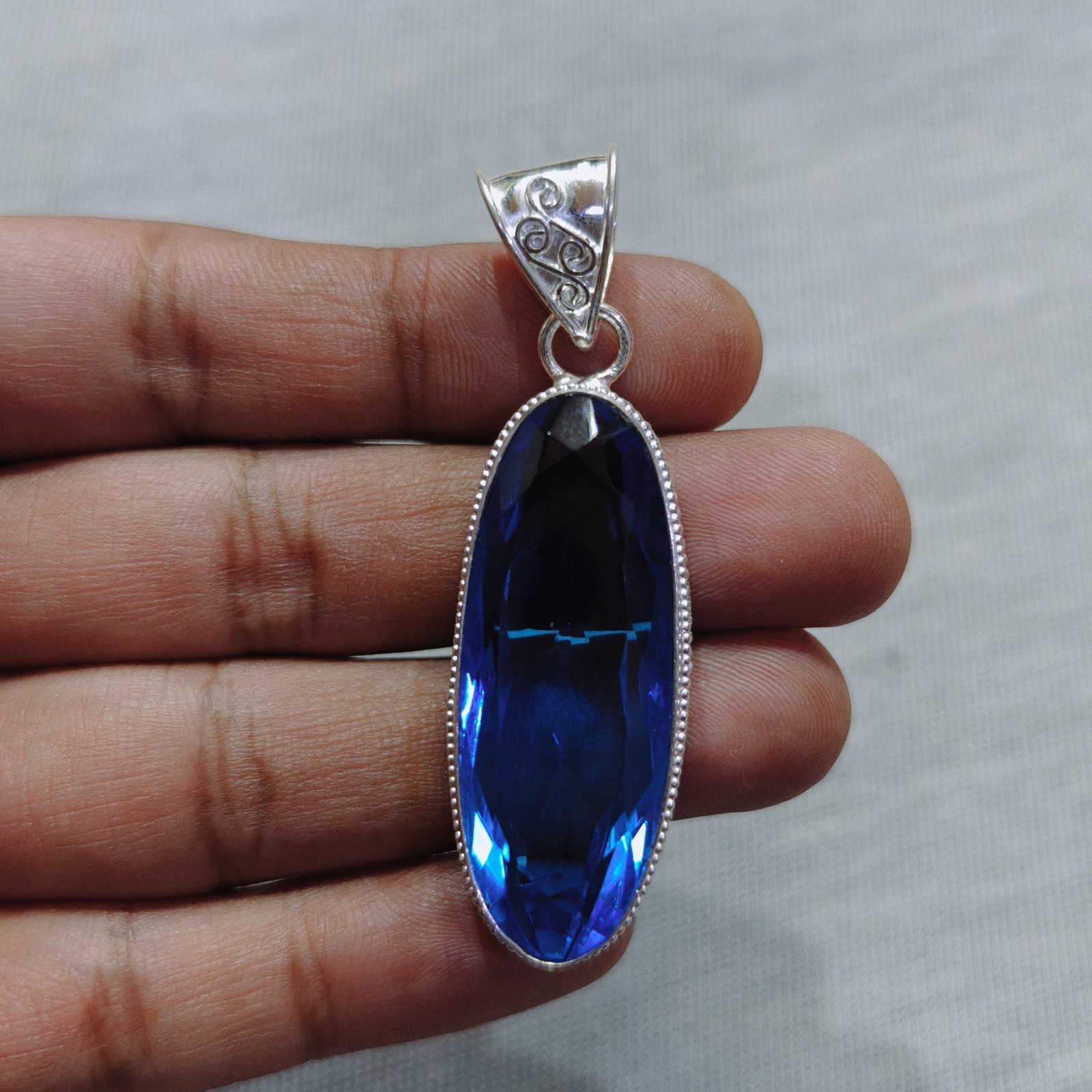 Natural Blue Tanzanite Quartz Pendant 925 Sterling Silver Handmade Gemstone Jewe