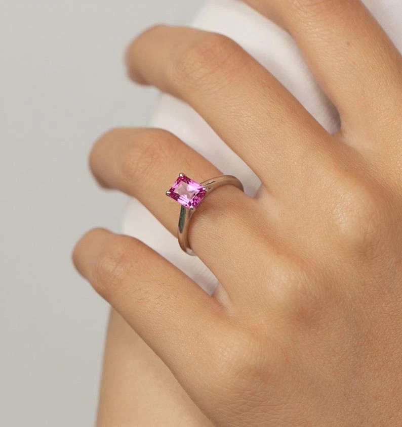 8 Ct Stone Natural Certified Pink Sapphire Ring 925 Silver Emerald Cut Gemstone