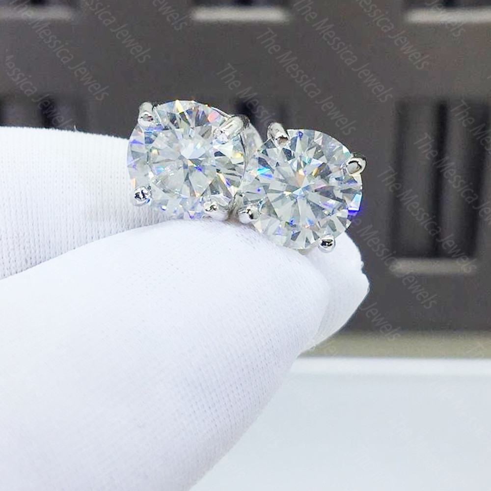 7.5 MM Round Cut Moissanite Solitaire Push Back Earring 14k White Gold Plated