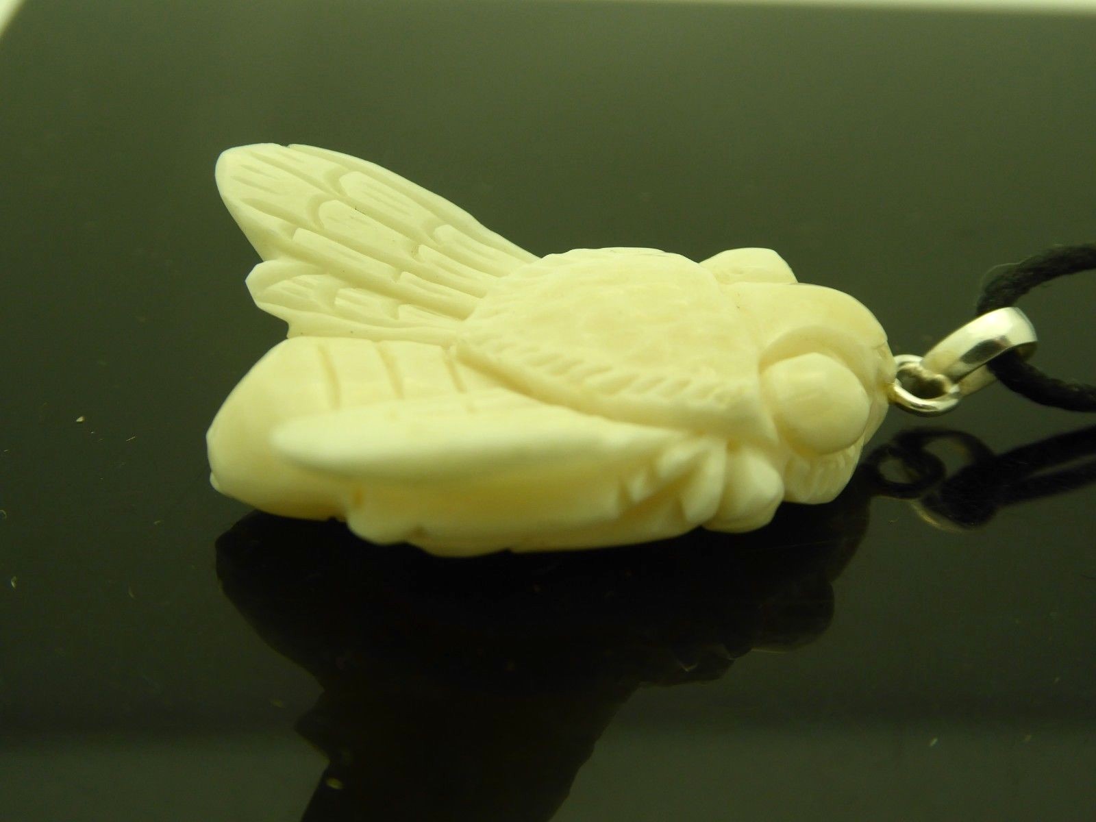 Carved Honey Bee Water Buffalo Bubalus Bubalis Bone Sterling 925 Amulet Necklace