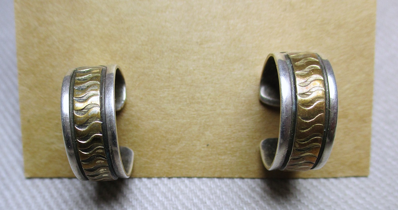 Vintage Brutalist Tooled Sterling & 12K Gold Plate Huggie Loop Earrings