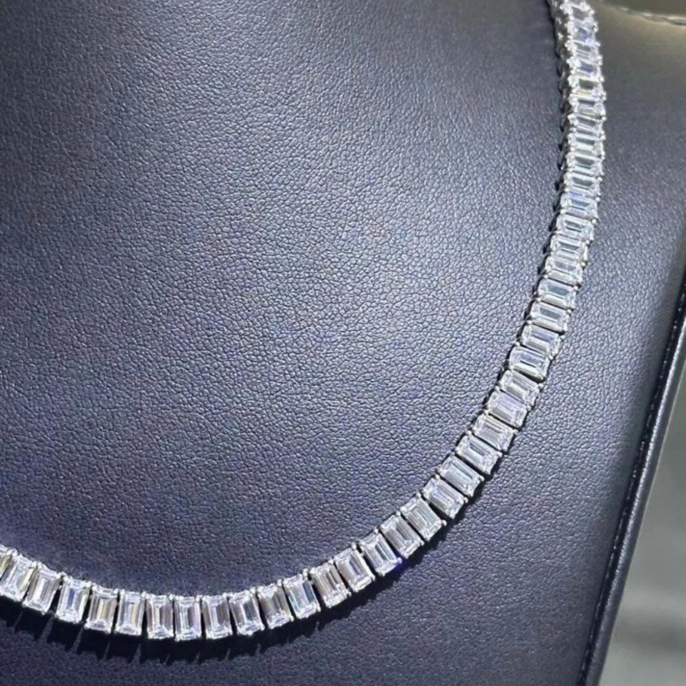 35CTW Created Emerald Cut Diamond Womens Tennis Necklace 14K White Gold Plated