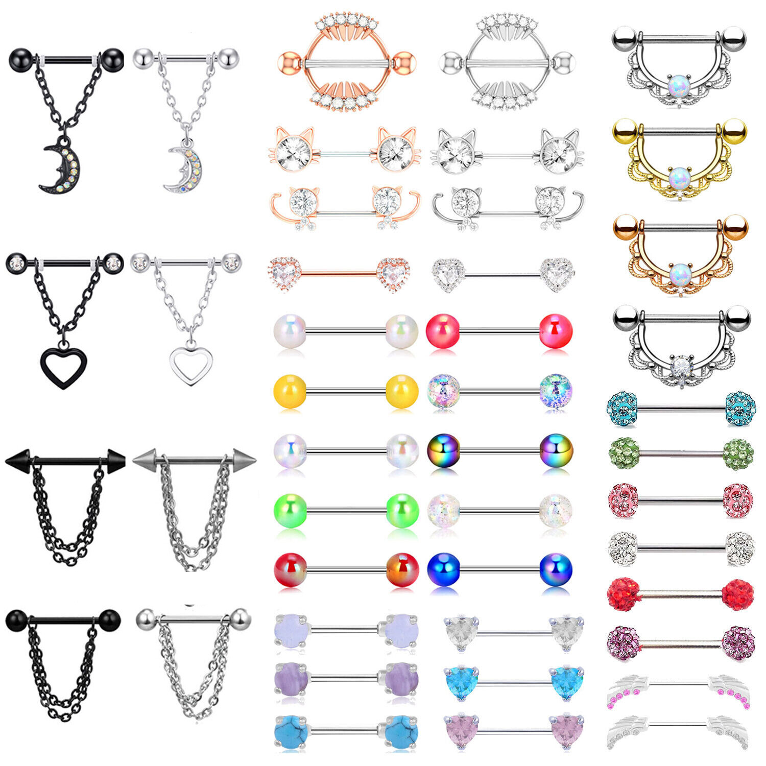2PCS Chain Dangle Nipple Shield Tongue Rings Barbell Surgical Steel Jewelry 14G