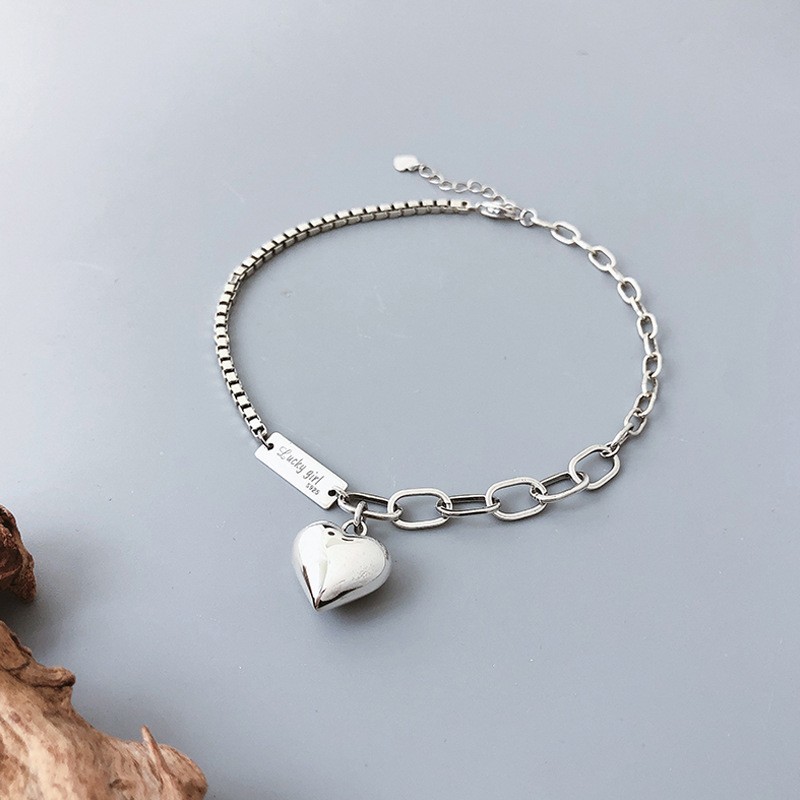 Ladies 925 Silver Stamped Heart Pendant Ankle Bracelet 16cm + 5cm Extension