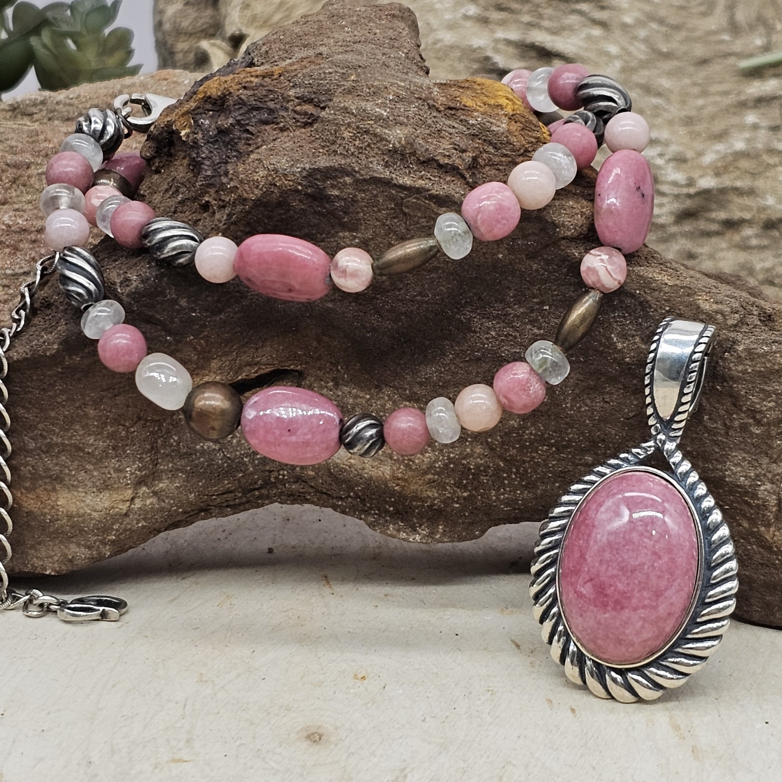 Carolyn Pollack 925 Sterling Pink Rhodochrosite Rose Quartz 20″ Neckalce+Pendant