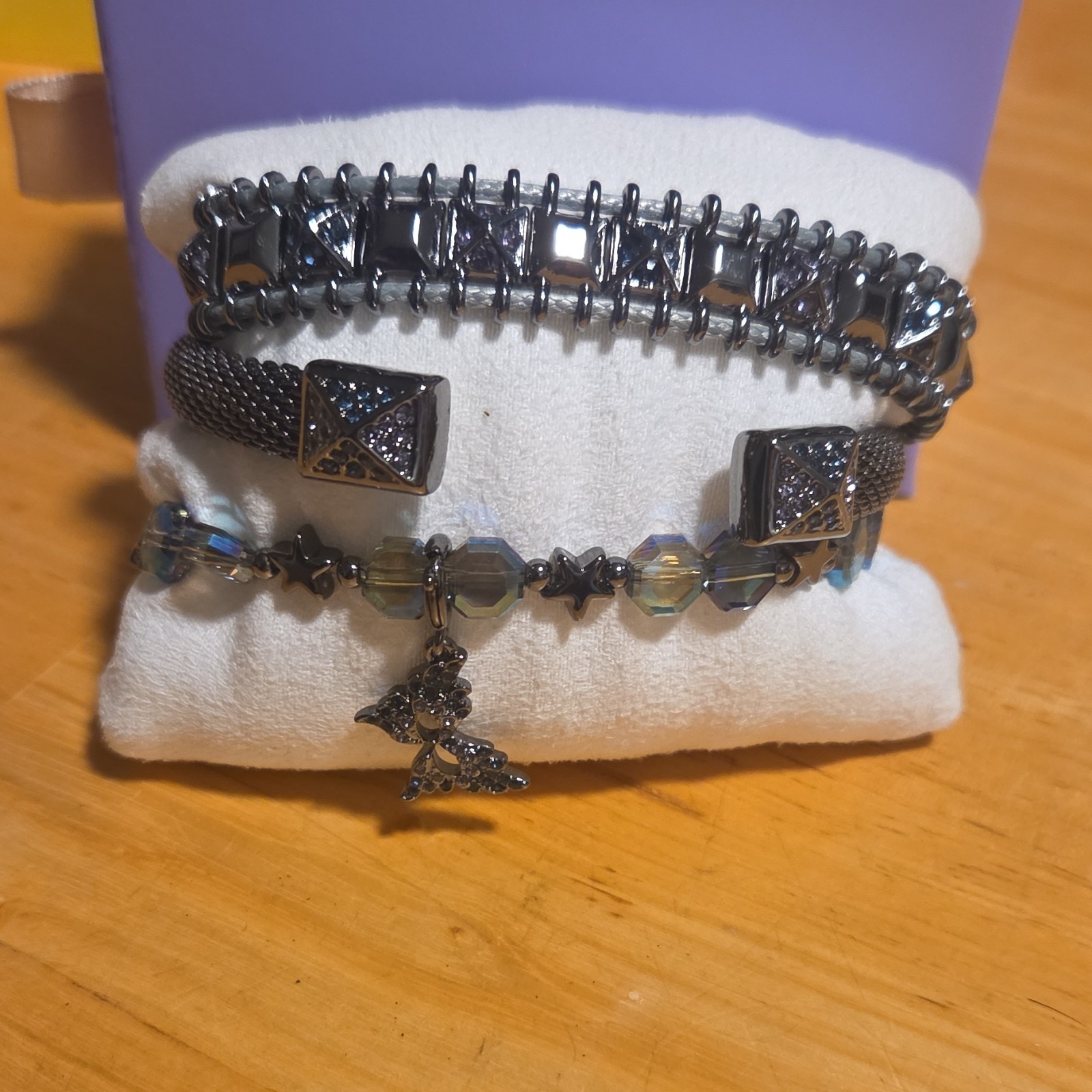 Set of 3 Adjustable Stackable Beaded Charm Cuff Bracelets one w/Masquerade mask