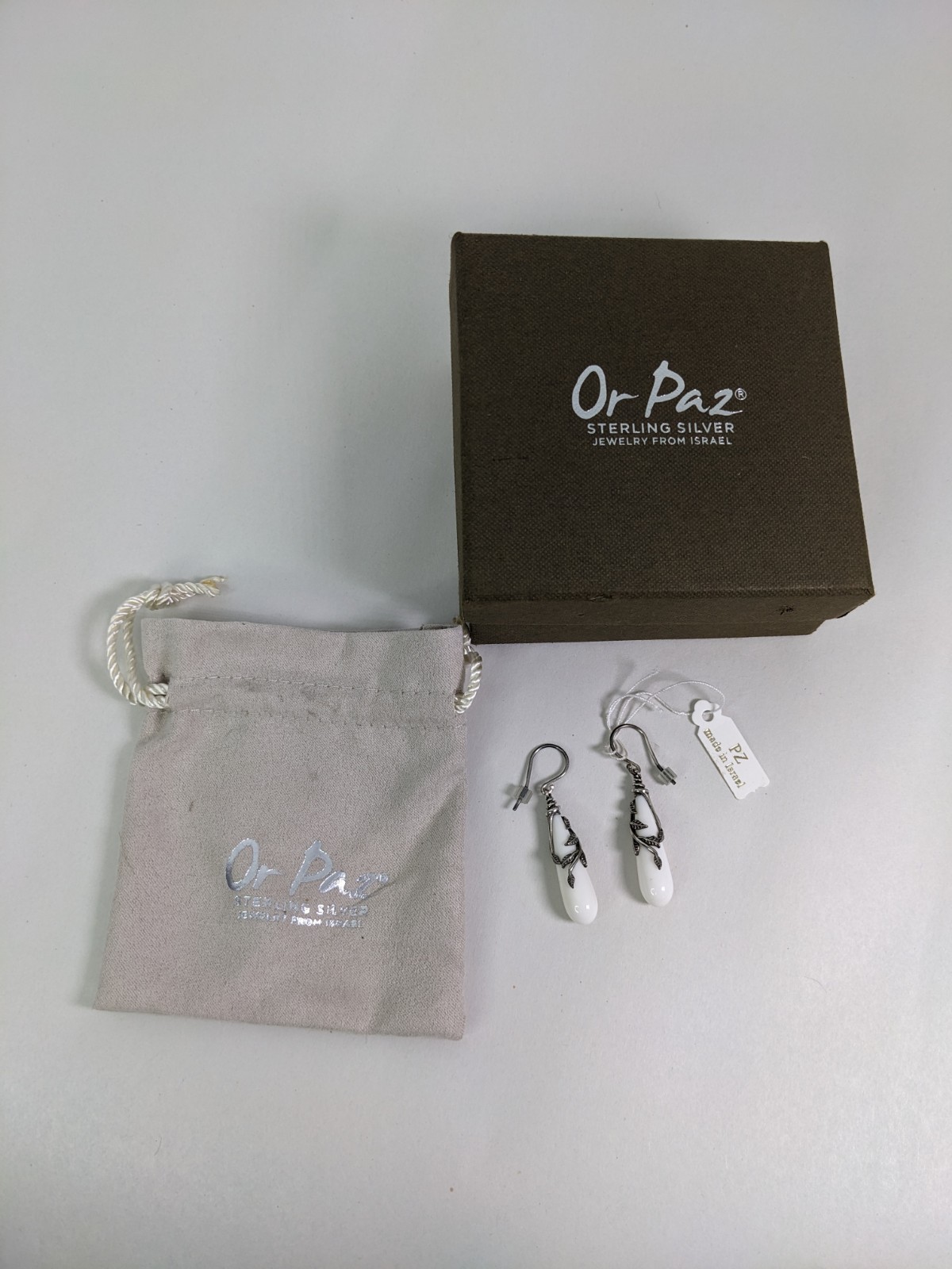 Or Paz White Cream Pearl Sterling Silver French Hook Floral Earrings Oxidized
