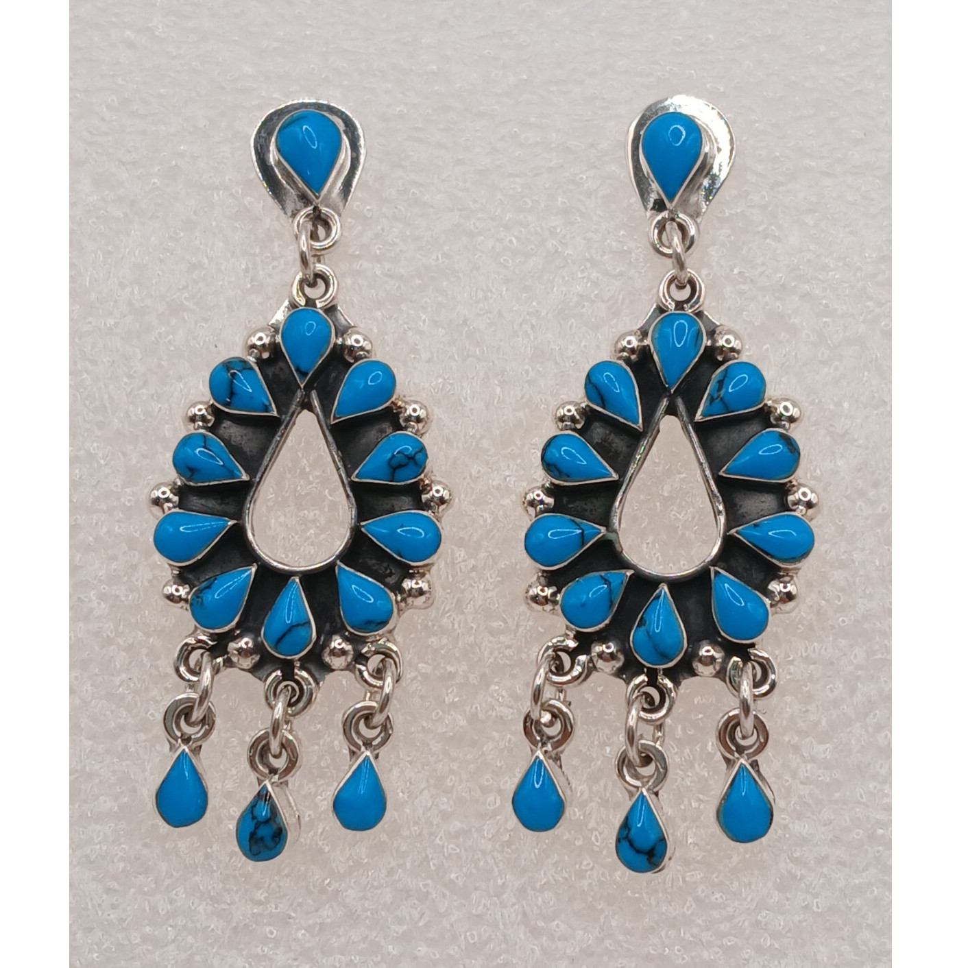 Sterling Silver Navajo Style Turquoise Teardrop Dangle Earrings 61mm