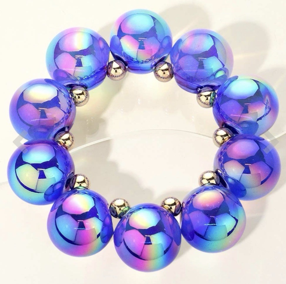 Iridescent Acrylic Beaded Stretch Bracelet Round Beads Multicolor