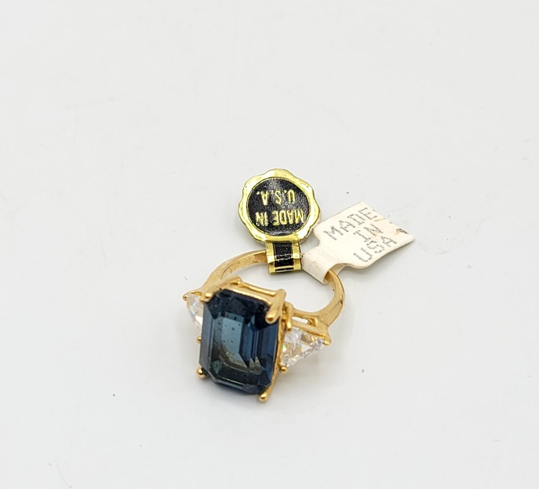 Vtg Sz 6 Ring Blue Clear Cubic Zirconia Signed 18KGE Gold Electroplated Jewelry