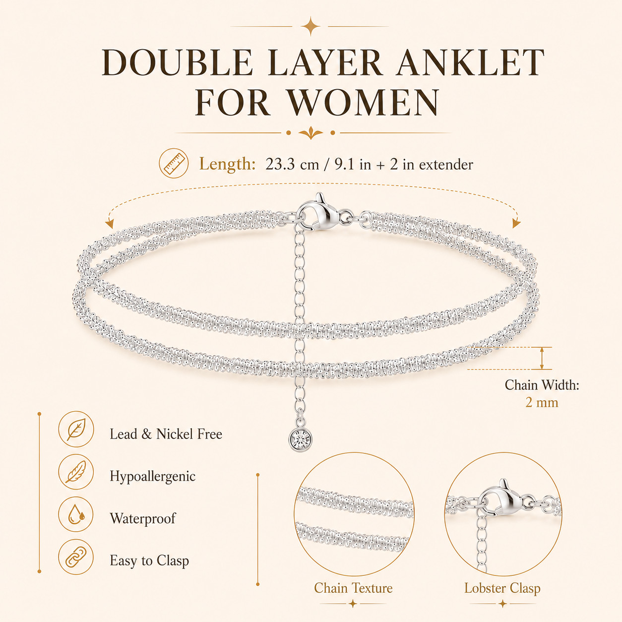 Uxvwez Double Layer Anklet for Women Gold Silver Tone Adjustable Waterproof