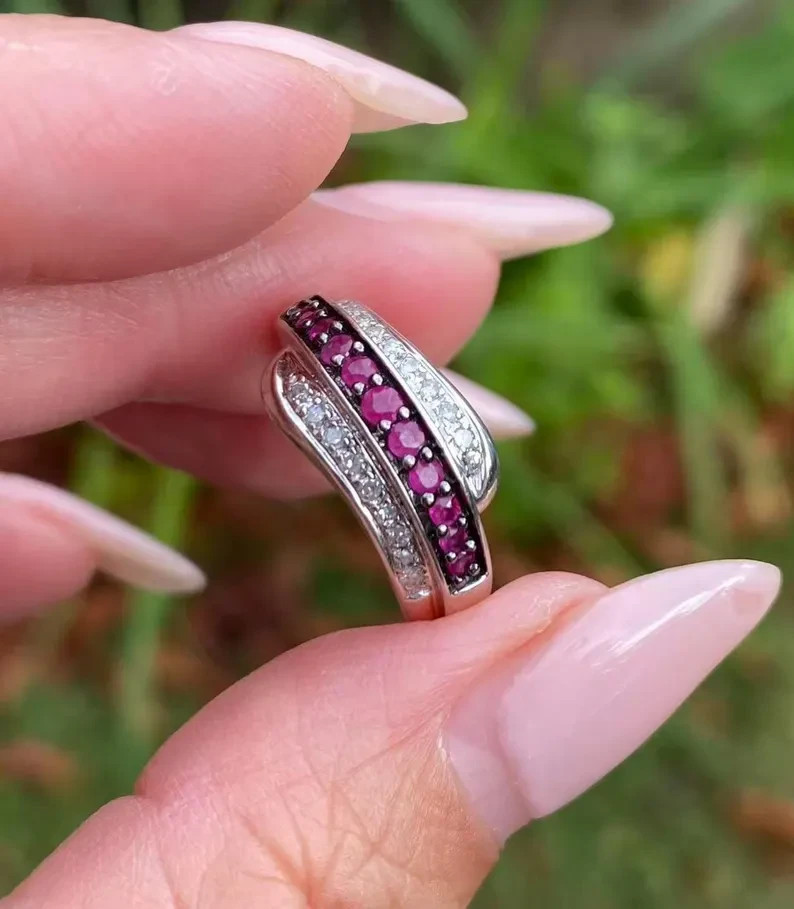 1.60 Ct Round cut Natural Red Ruby & Diamond 14K White Gold Eternity Band Ring