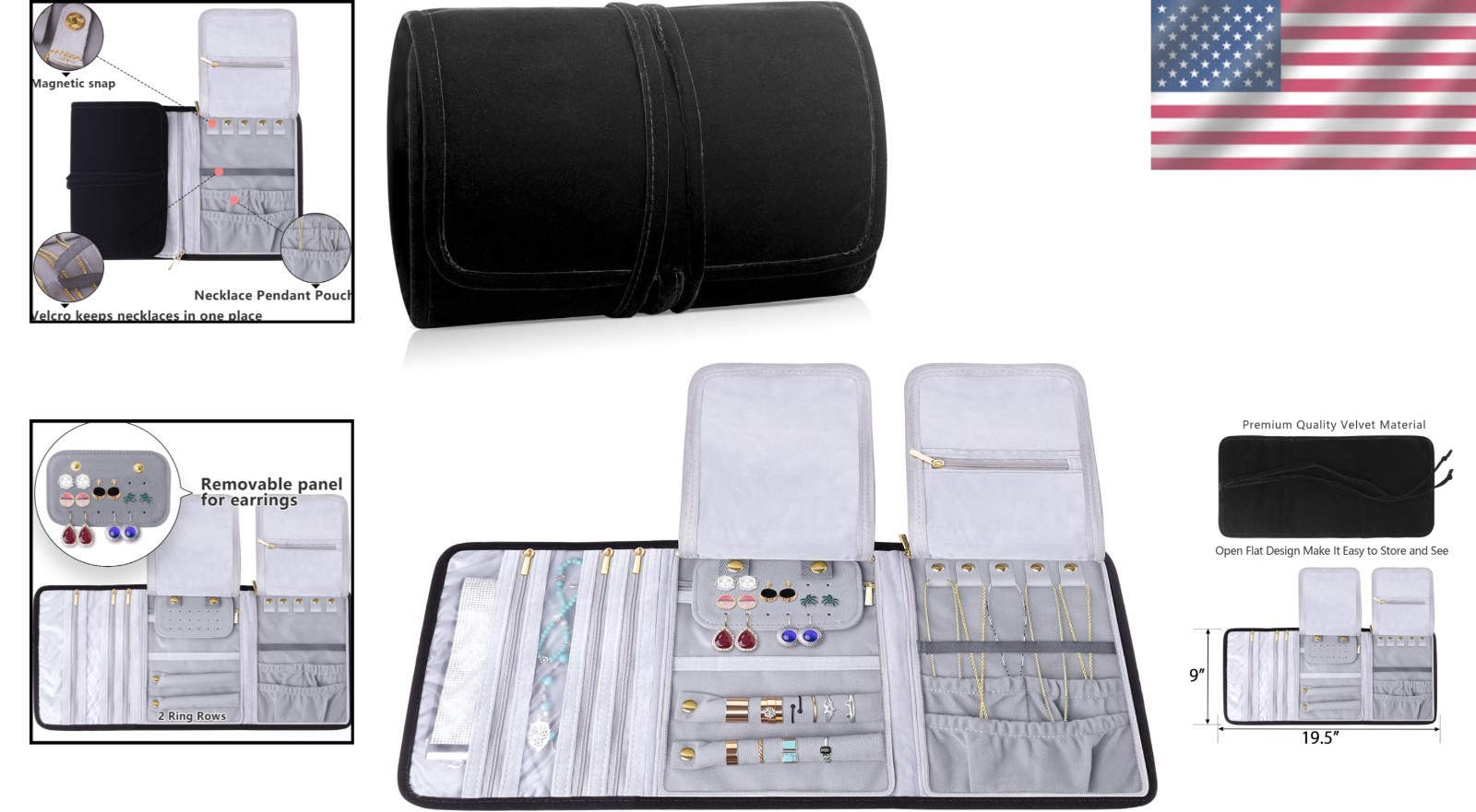 Velvet Travel Jewelry Roll Organizer Jewelry Storage Bag for Necklaces Earrings