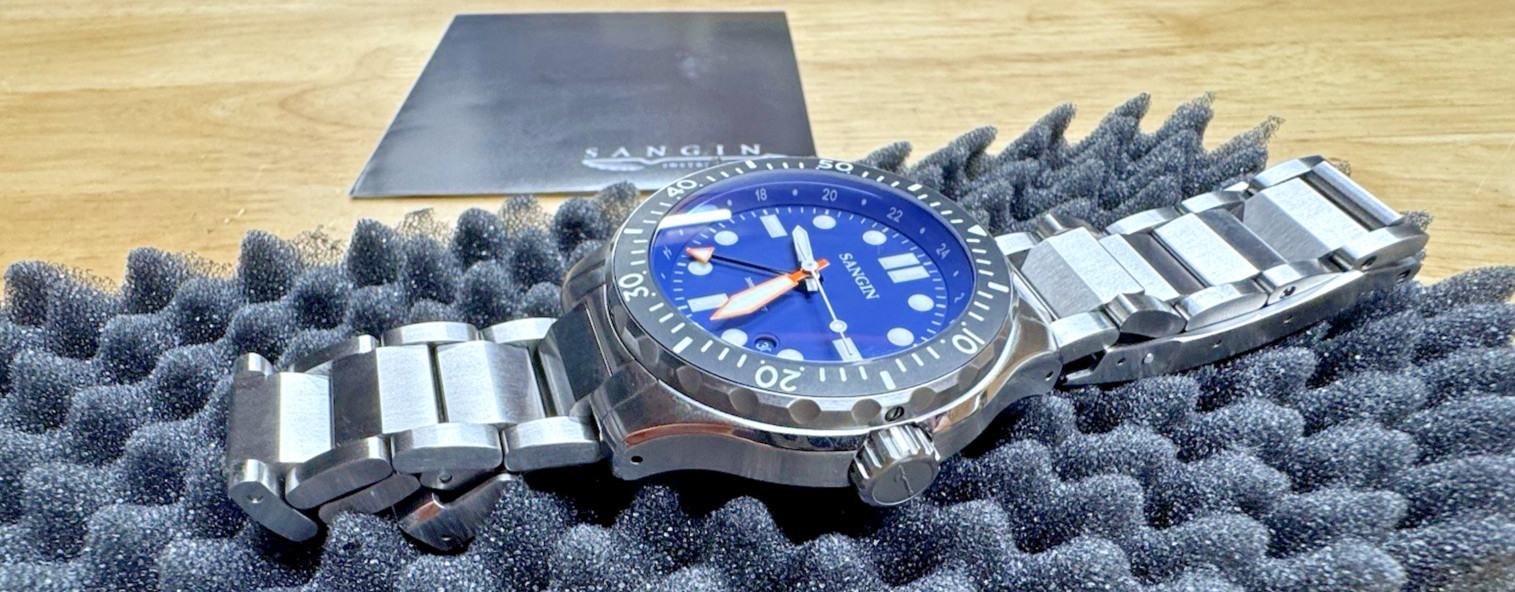 Sangin Professional Sea Blue Watch Brushed Rare Diplomat Bracelet Box Docs SOCAL