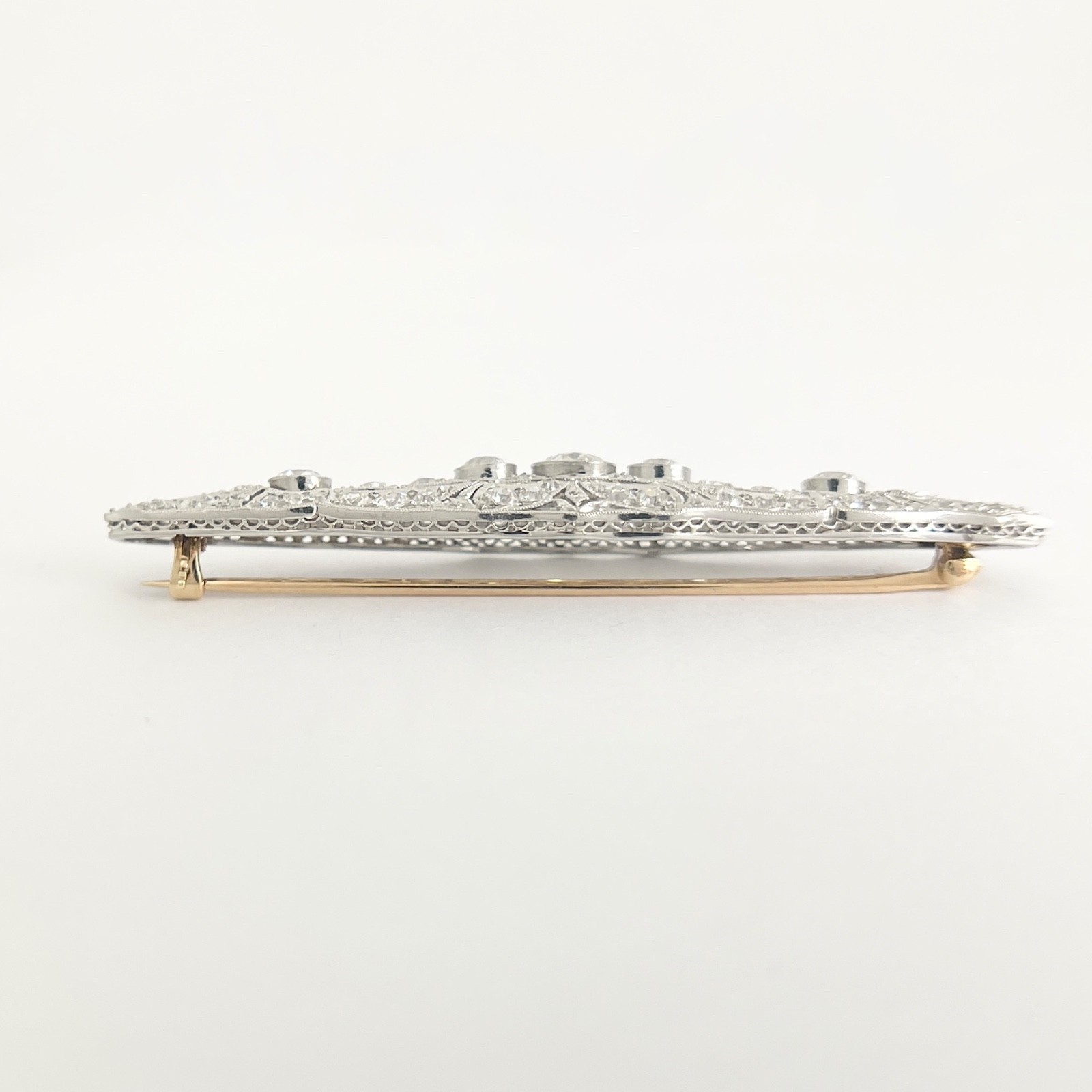 Antique Edwardian Long Filigree Diamond Brooch Pin Platinum, 10.23 Grams