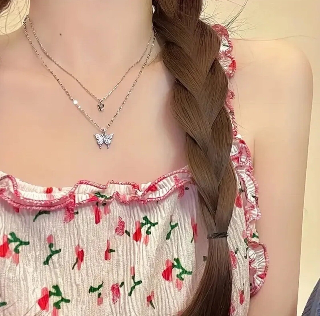 Sparkling Double Layer Butterfly Pendant Necklace Clavicle Chain Jewelry Fashion