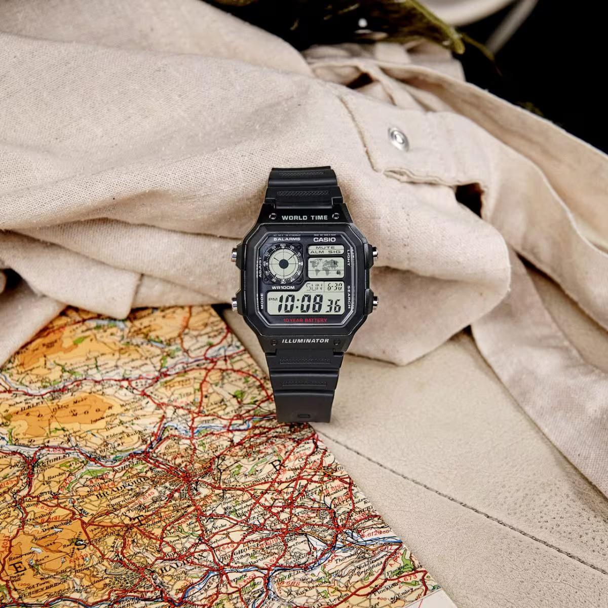 Casio AE1200WH-1AV, World Time Watch, Chronograph, 5 Alarms, 10 Year Battery