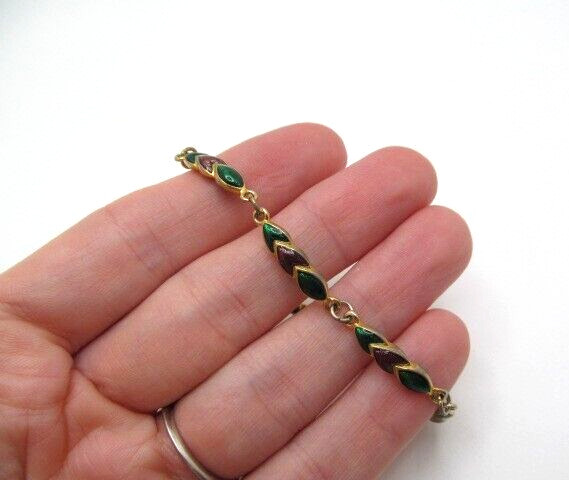 Vintage Solid Gold Tone Shimmering Green Purple Lacquer Linked Bracelet 7.25 In