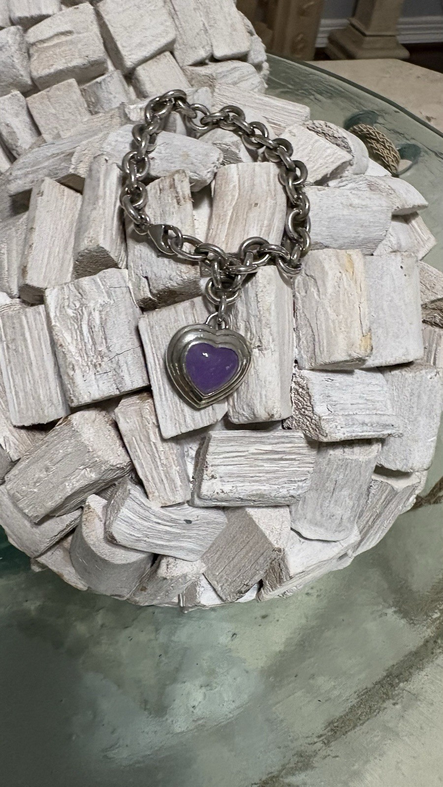925 Sterling Silver Oval Link Charm Bracelet Toggle Heart Lavender Jade Signed