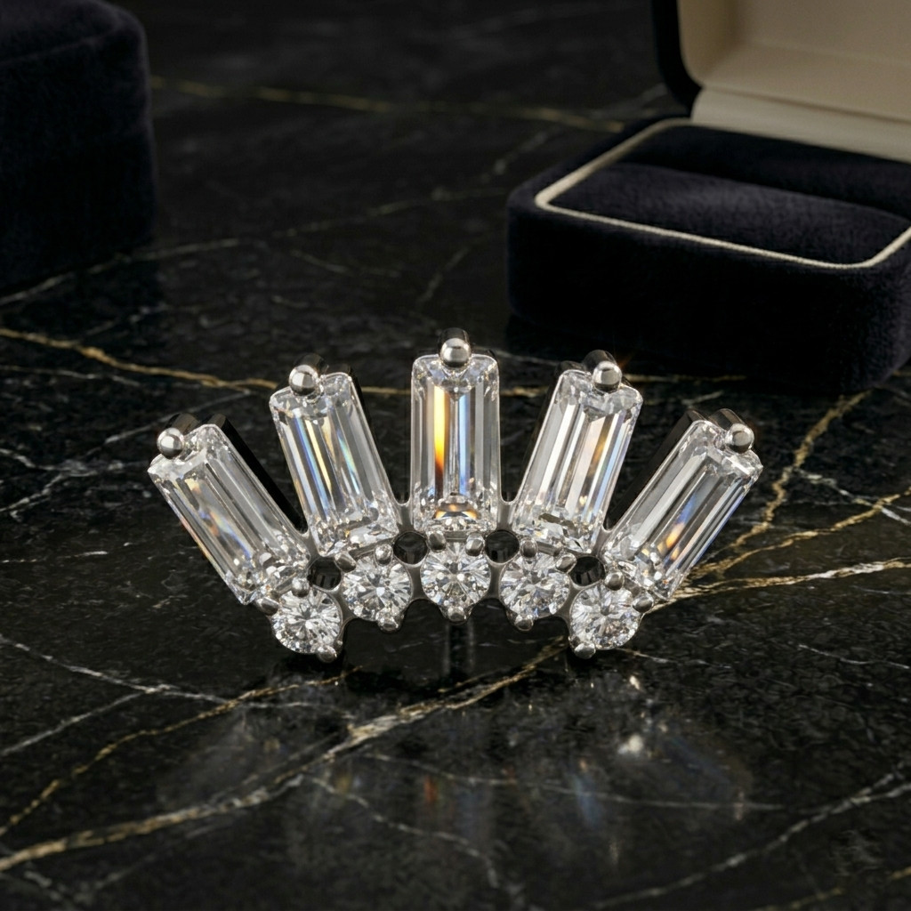 Ear Piercing Titanium Threaded 5 Gem Cluster Top – 16G (1.2mm) ProngSet Baguette