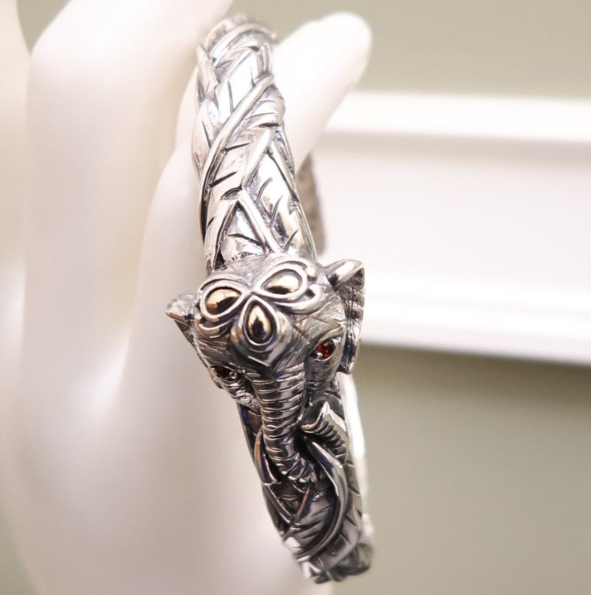 Jai bracelet elephant 925 sterling silver 14K gold hinged cuff garnets Sz 6.75in