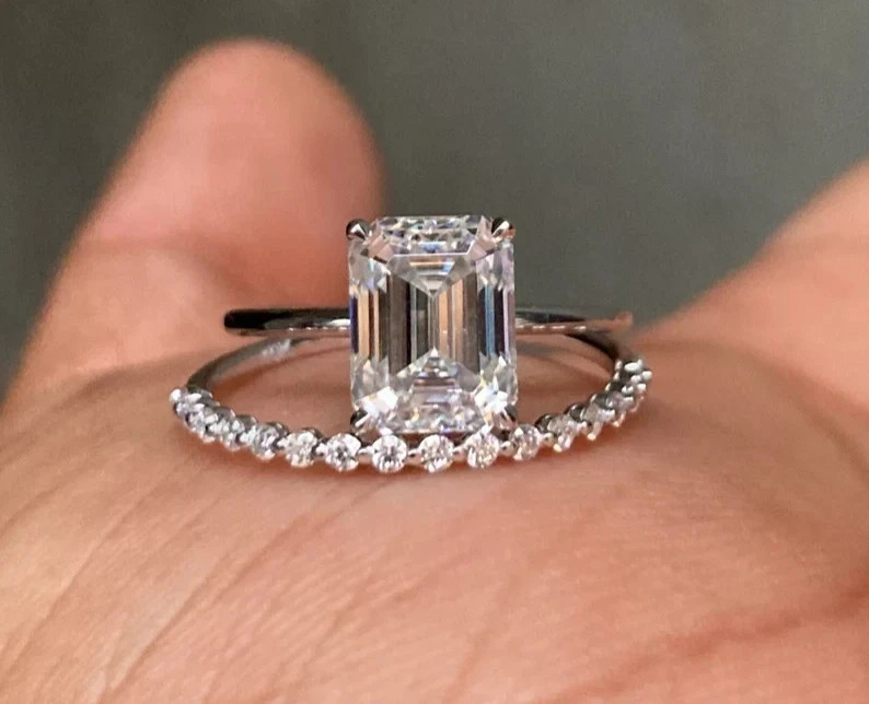 14k White Gold Emerald Cut Diamond Ring Set 3.25 Carat Lab Grown IGI VVS E F