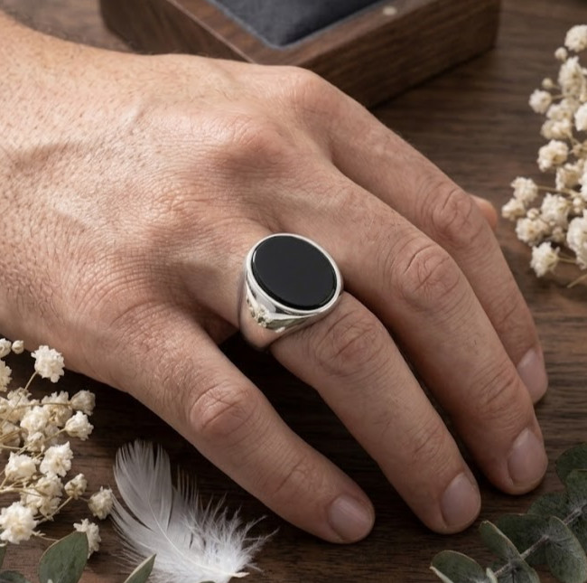 925 Silver Black Onyx Signet Ring Men Oval Flat Minimalist Statement Band Gift