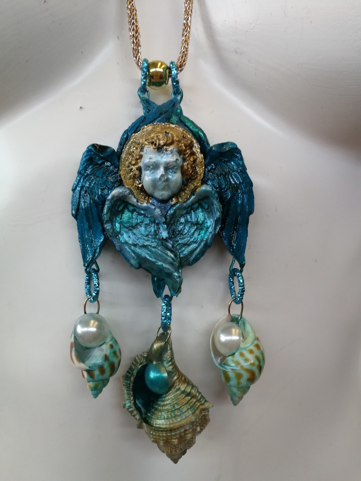 Talisman Amulet Blue Angel Rhinestone Necklace Pendant Wings Pearl Shell Jewelry