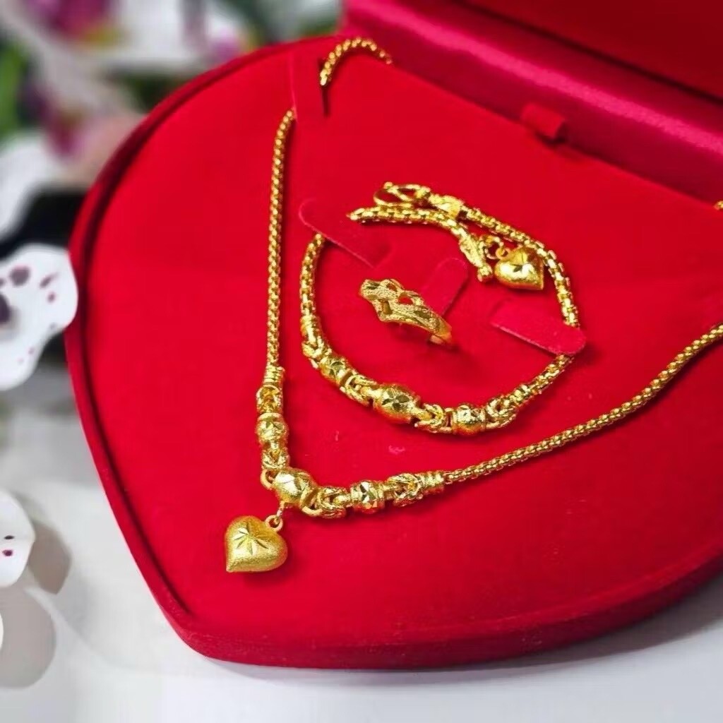 SET Heart 18K 20k 22K 24K YellowGold Necklace 20 inch&bracelet 7 in& ring size7