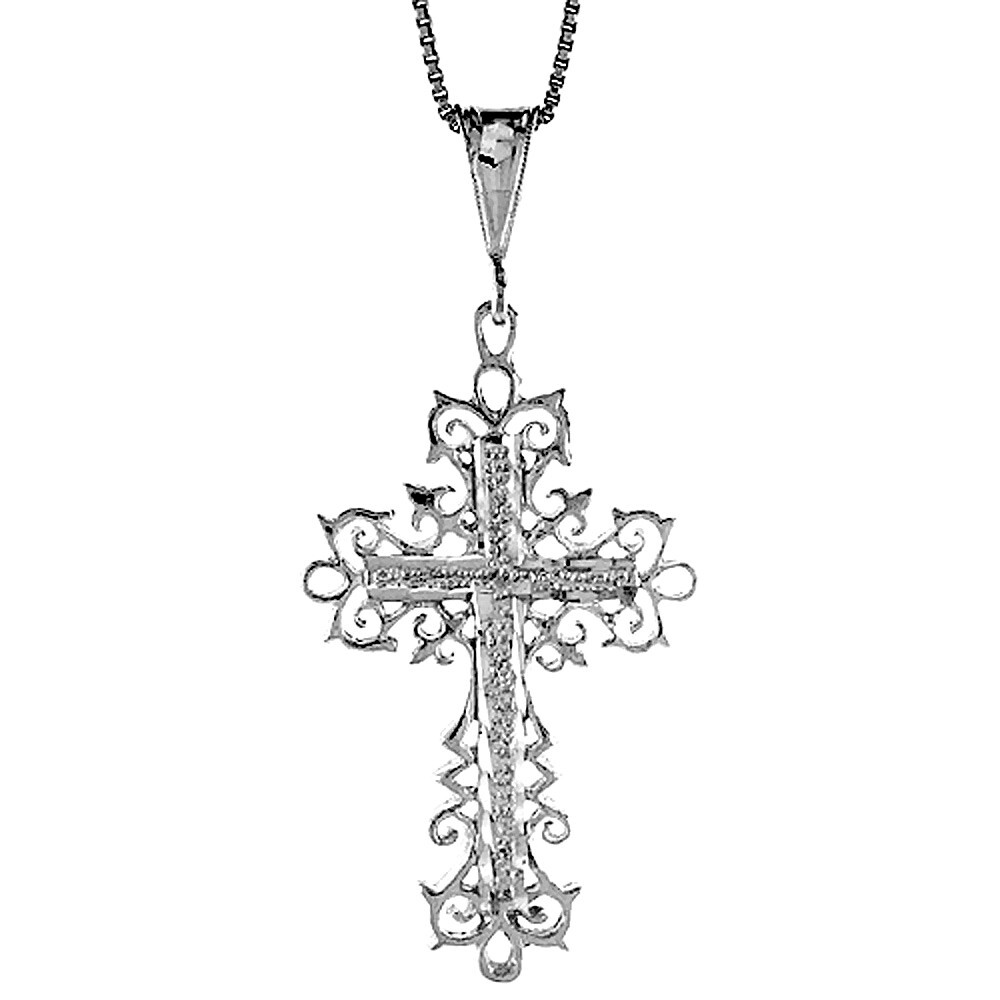 925 Sterling Silver Curled Thorn Edge Cross Pendant 1 11/16 Inch Tall (42mm)