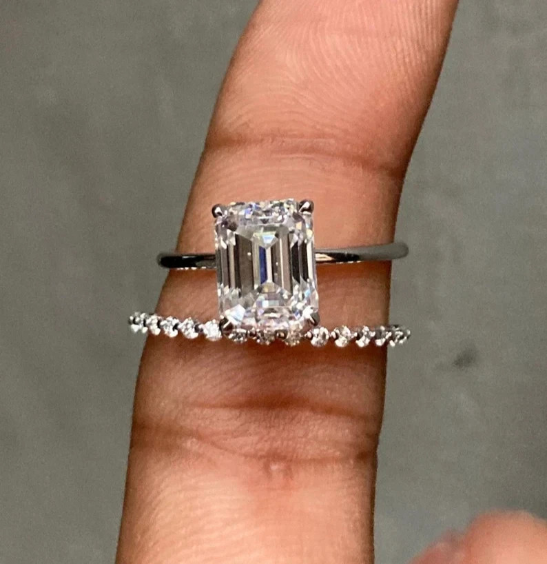 14k White Gold Emerald Cut Diamond Ring Set 3.25 Carat Lab Grown IGI VVS E F