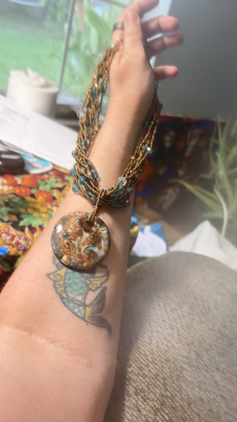 Boho Multi-Strand Bronze Beaded Necklace Swirl Glass Pendant Teal Accents