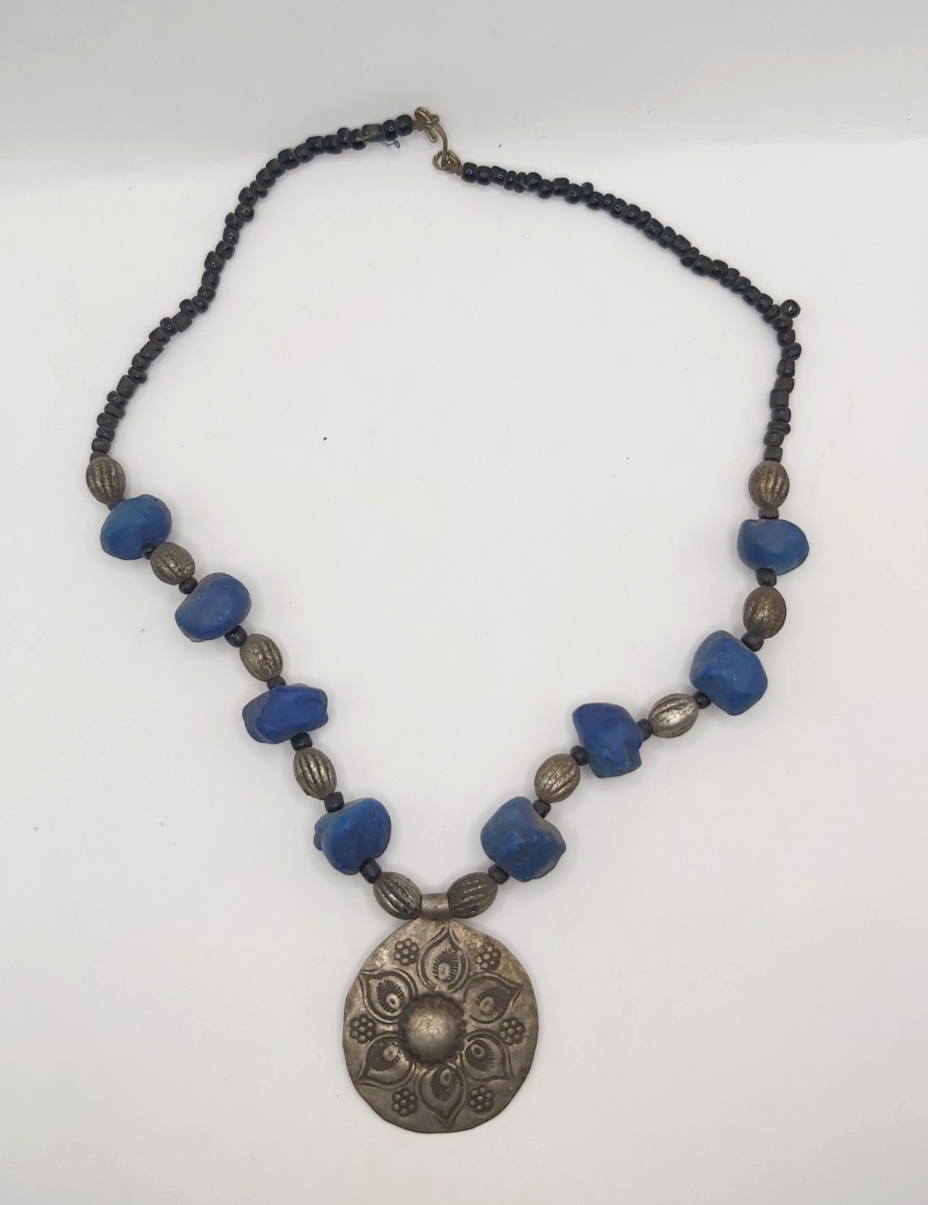 Vintage Berber Moroccan Lapis Blue Resin Bead Necklace Tribal Silver Tone Pendan