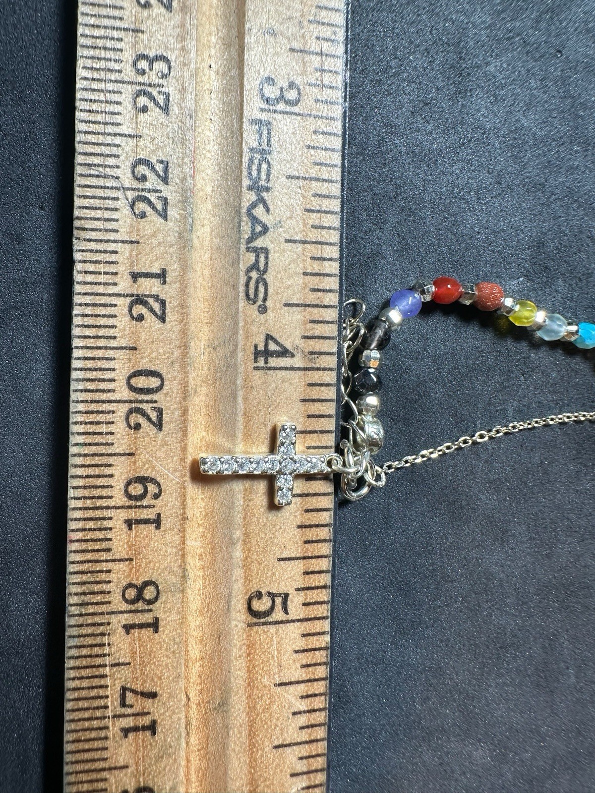 3.75 Vintage Sterling Silver Multi Gemstone Beaded Bracelet Cross Charm 7.3 in