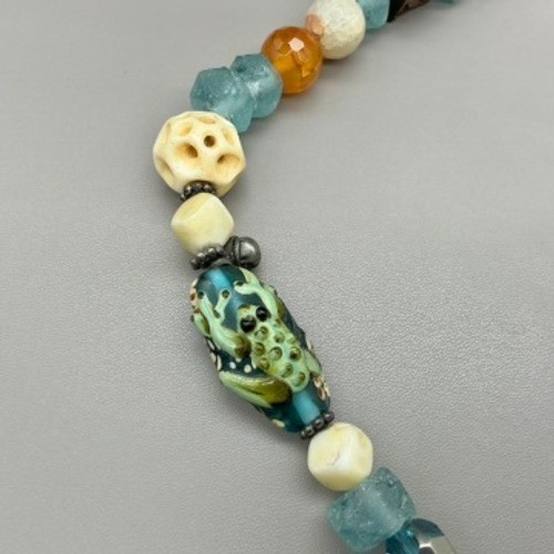 Mixed Bead Necklace Womens Teal Boho Artisan Lace Pendant Toggle Clasp 21 Inch