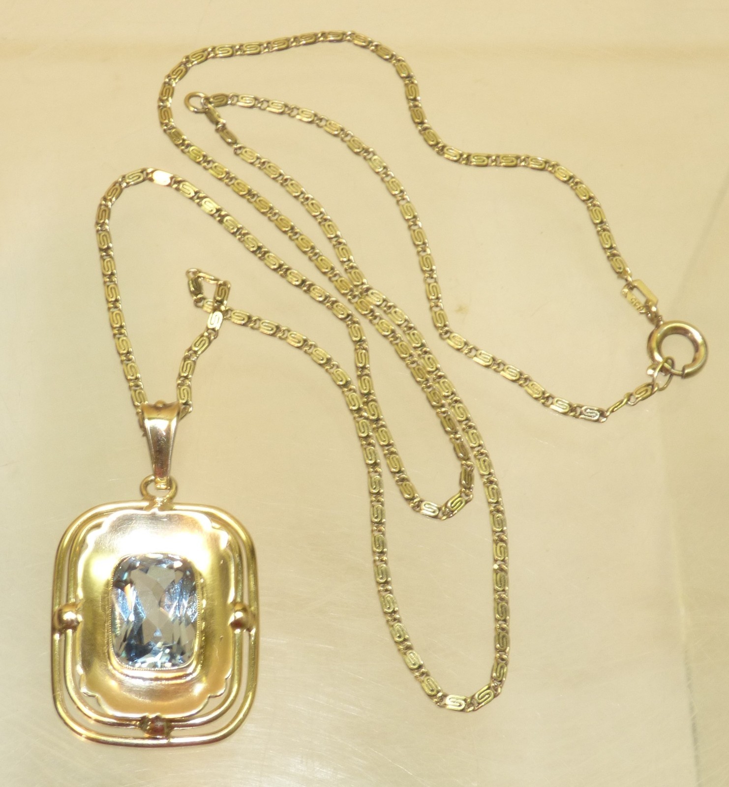 Antique Art Deco 835 Silver & Blue Spinel Pendant Necklace 19 1/2″ Snail Chain