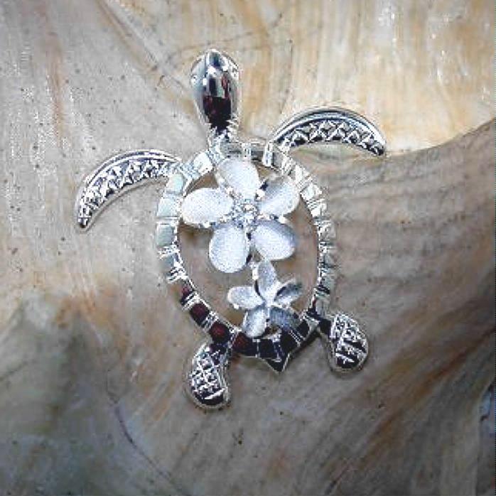 21.5MM RHODIUM PLATED 925 STER SILVER HAWAIIAN HONU TURTLE PLUMERIA CZ PENDANT