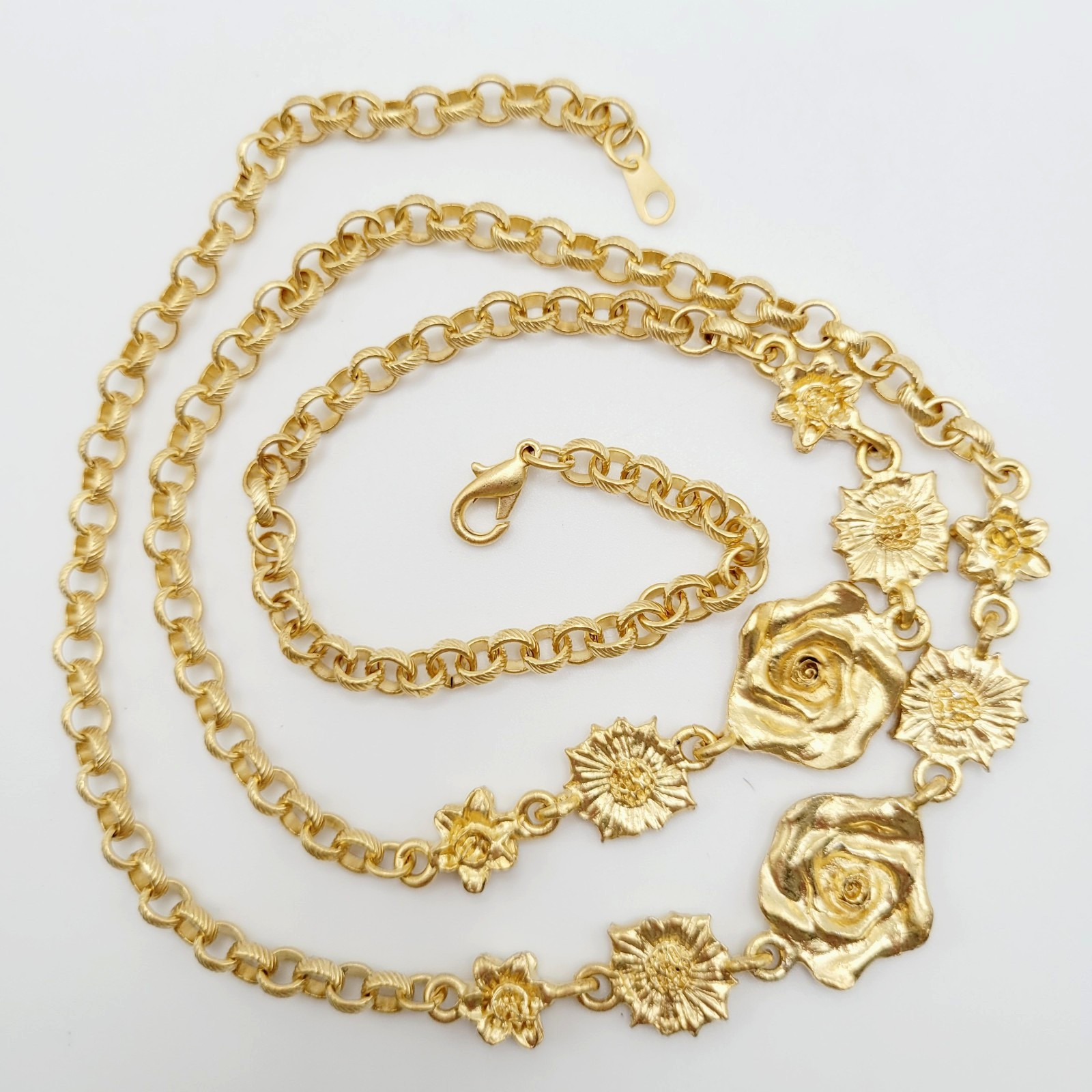 Unique Rose Floral Station Style Bright Gold Tone Sautoir Vintage Necklace Korea