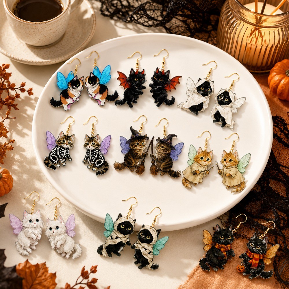 9 Pairs of Creative Winged Cat Acrylic Earrings,fun Cartoon Cat Acrylic Earrings