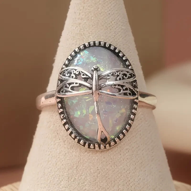 Elegant 925 Sterling Silver Rainbow Opal Charms Engagement Wedding Ring Size 9