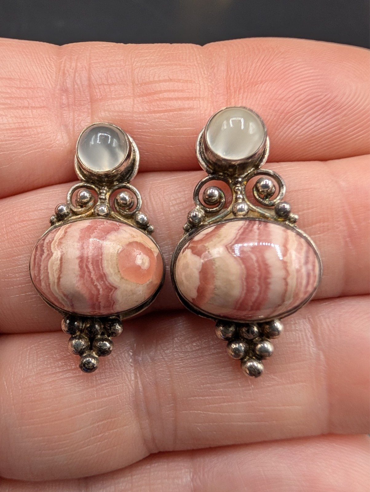 Sterling Silver Sajen Moonstone and Rhodochrosite Stud Earrings