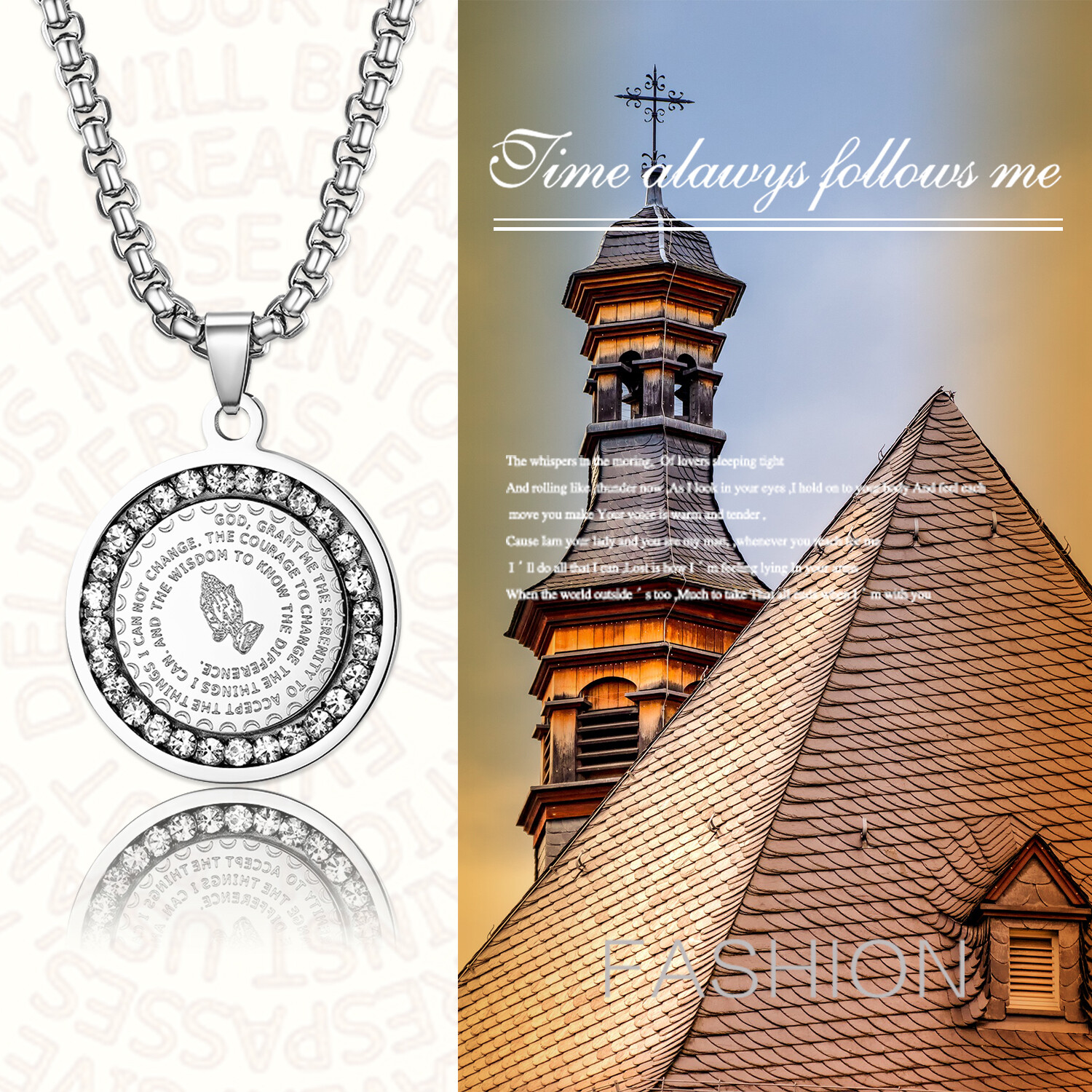 Men’s Stainless Steel Rhinestone Bible Text Prayer Tag Pendant Necklace Chain