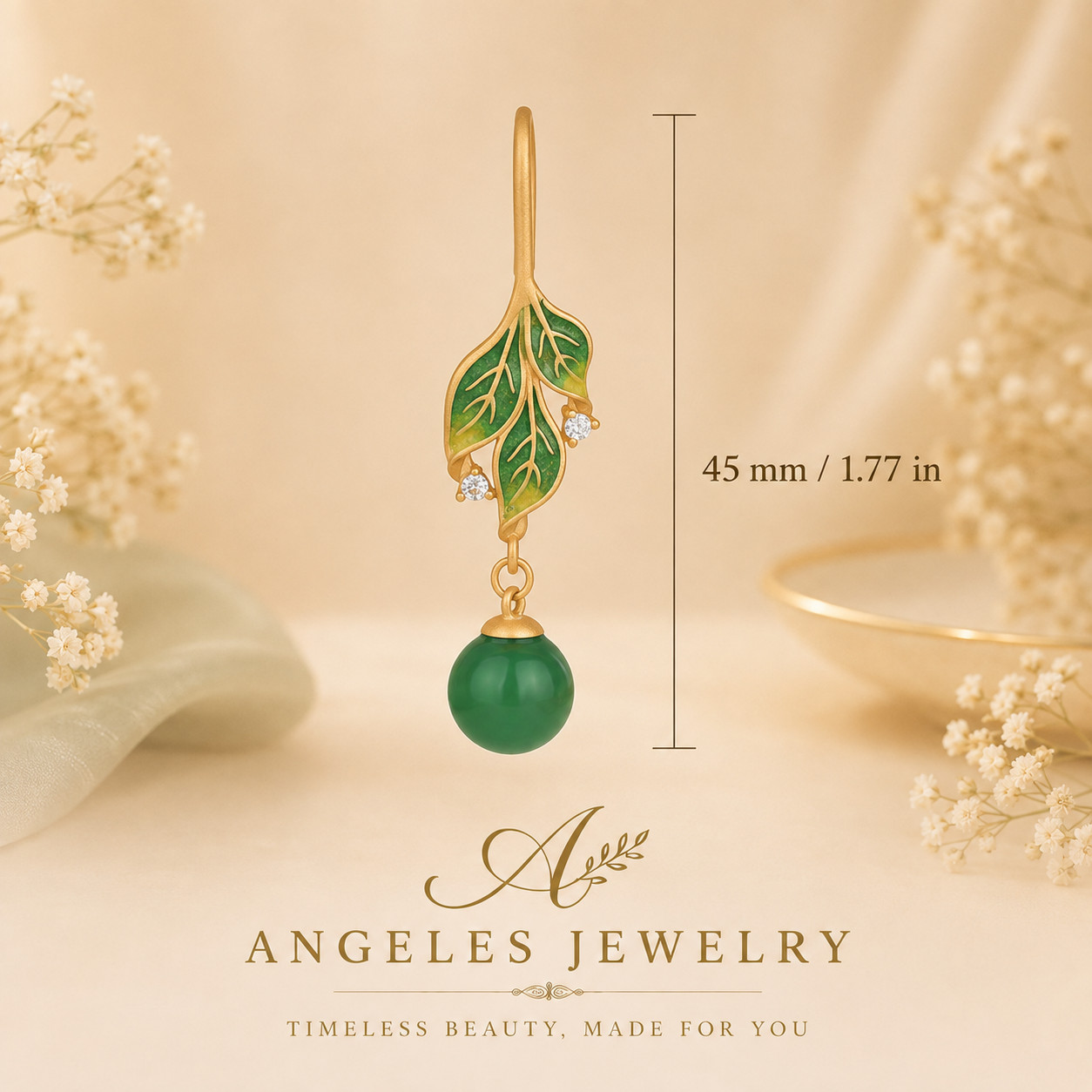 Green Jade Drop Dangle Earrings Boho Gemstone Leaf Design Hook 18K Gold Plated