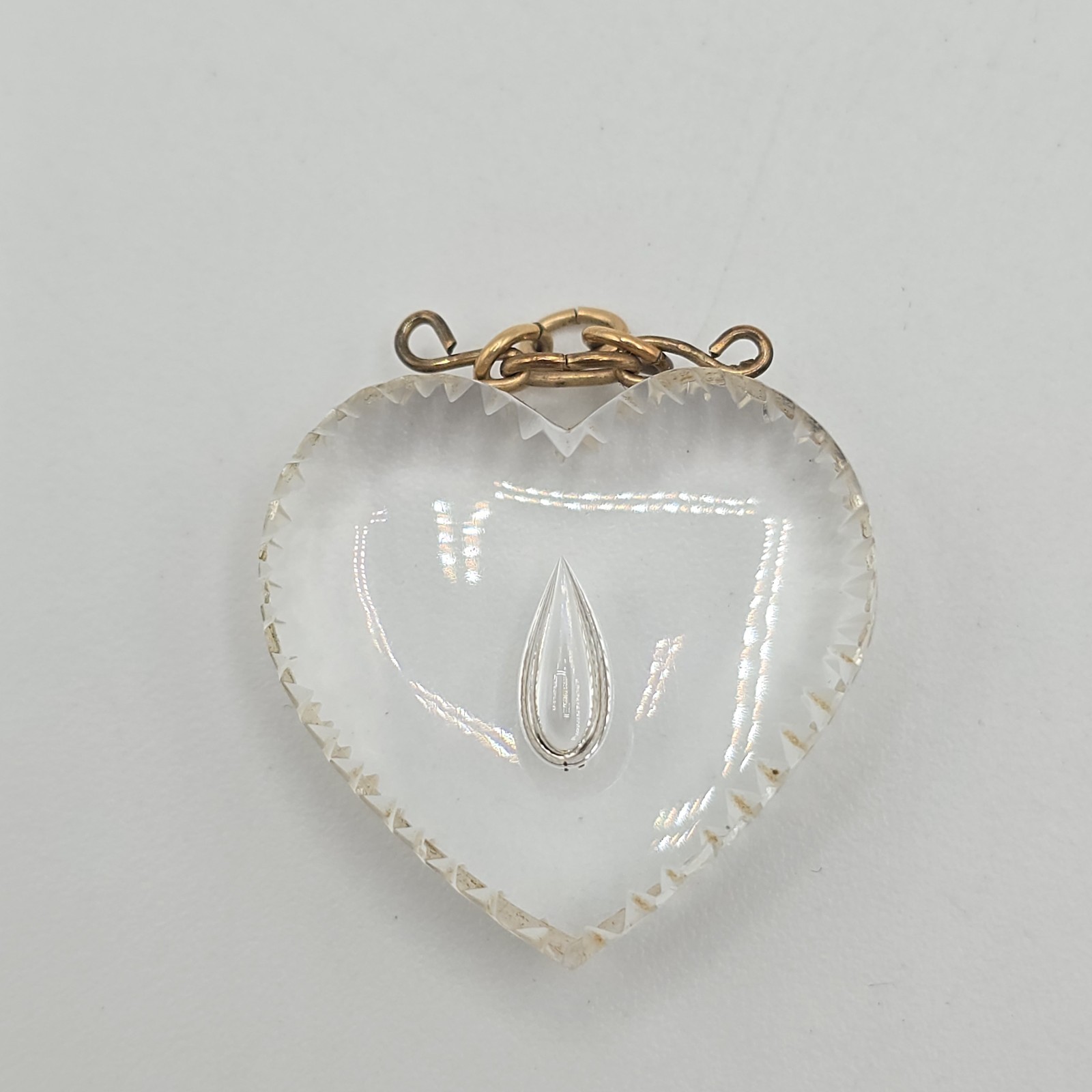 VTG Pressed Glass Heart Pendant 2 Pc Lot, Blue & Clear, Gold Tone Wire Wrapped
