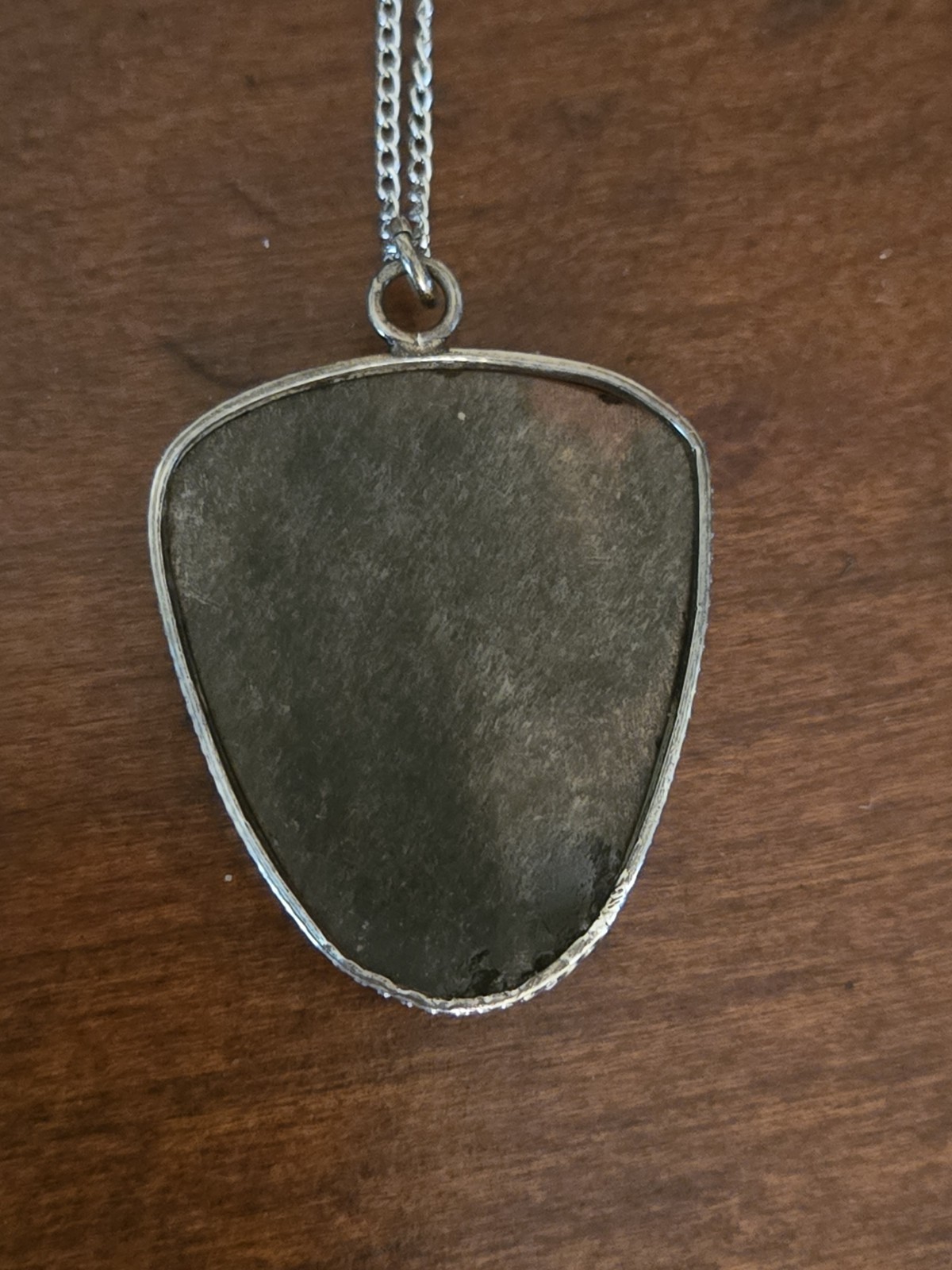 ANTIQUE Black Tiger Eye Carved Tiki Stone w/ Sterling Silver Edging & 18″ Chain