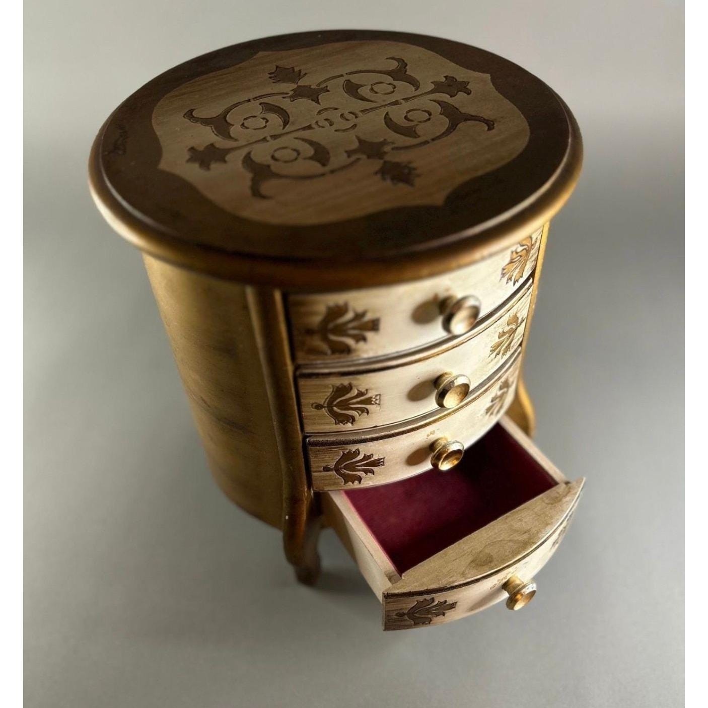 Vintage Style Gold Musical Jewelry Box Miniature Chest Ornate Floral Design