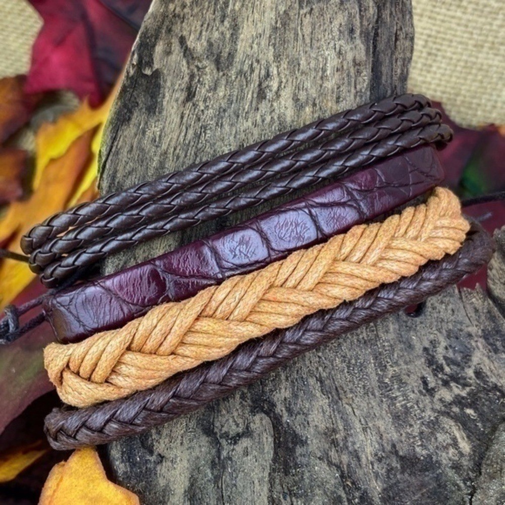 Mens Bracelets Bundle 4 Piece Adjustable Size Faux Leather and Hemp Bracelets