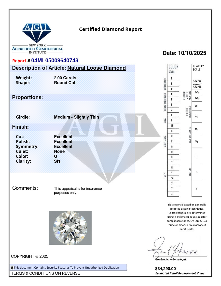 2 CT Cert. AGI Round Brilliant Natural Mined Diamond Loose G color SI1 clarity