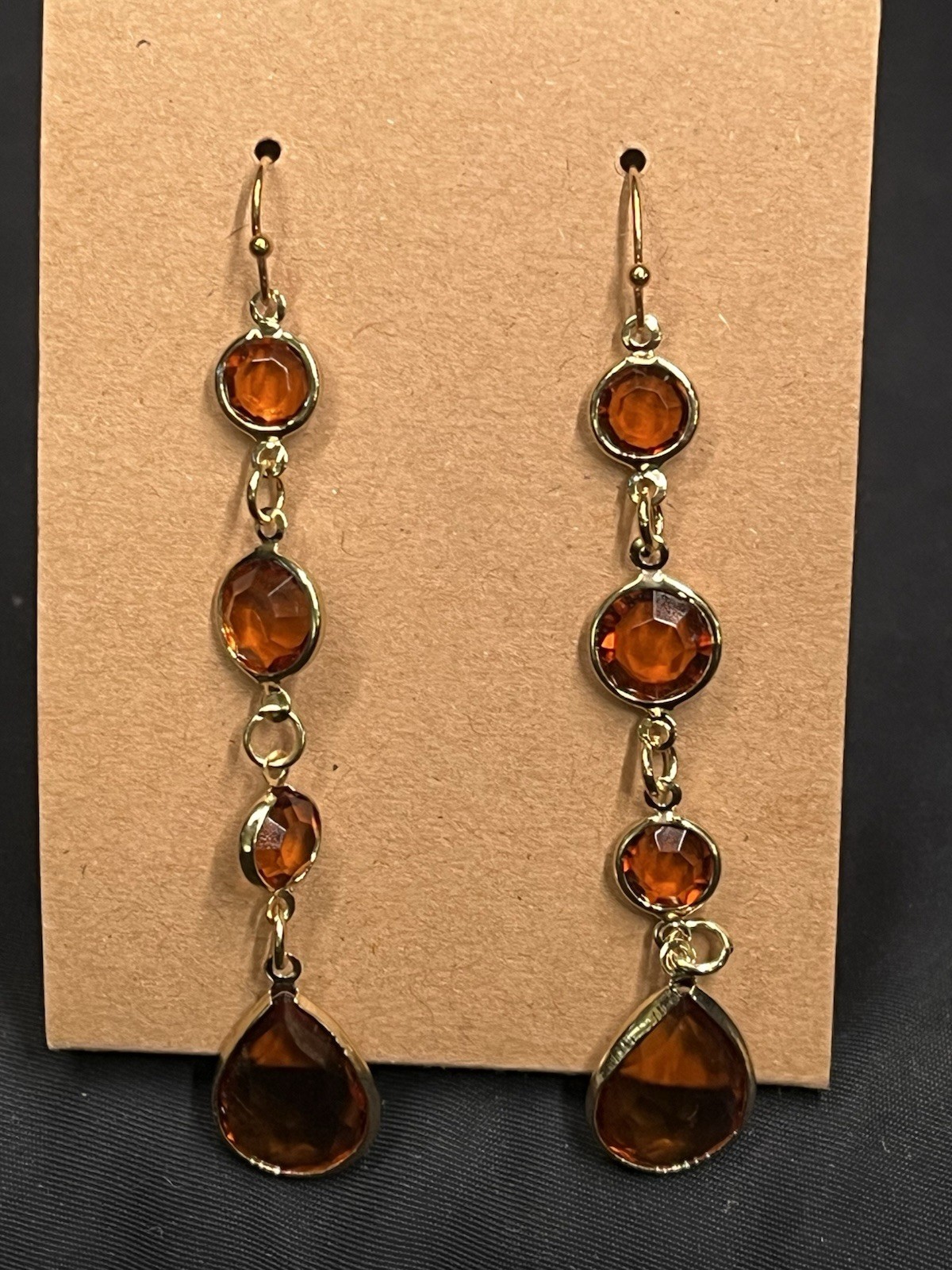 GOLD TONE FAUX CITRINE DANGLE EARRINGS 3.5”